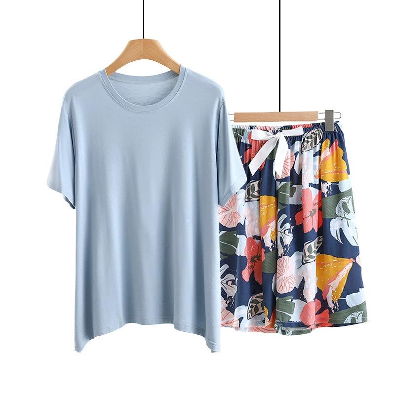 Summer Solid color Tshirts and Print shorts Simple Homewear O-Neck Loose Tshirts and Poplin short pants Casual sleepwear suits