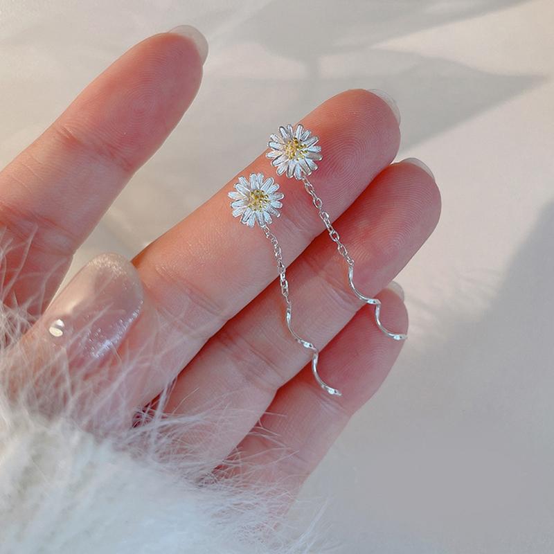 1Pair Silver Color Trend Daisy Flower Long Wire Tassel Thread Hanging Earrings For Women Piercing Earring Girl Jewelry