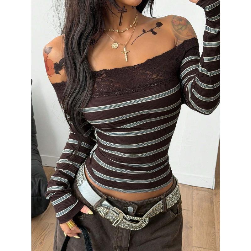 TIFICY Women's Fashion Casual Spring Autumn Stripe Print Long Sleeve One Shoulder Blouses & Shirts