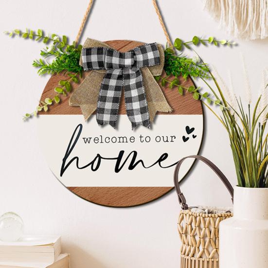 Welcome Wreath, Wood with Hemp Rope Hanger, Fabric Bow Decor Rustic Round Sign, for Doors Walls Entryway