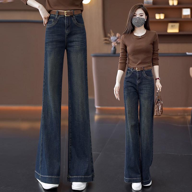 

High-Waisted Velvet Retro Flare Jeans for Women - Spring Arrival, Loose Straight-Leg, Good Drape 27/M (96-105 jin)