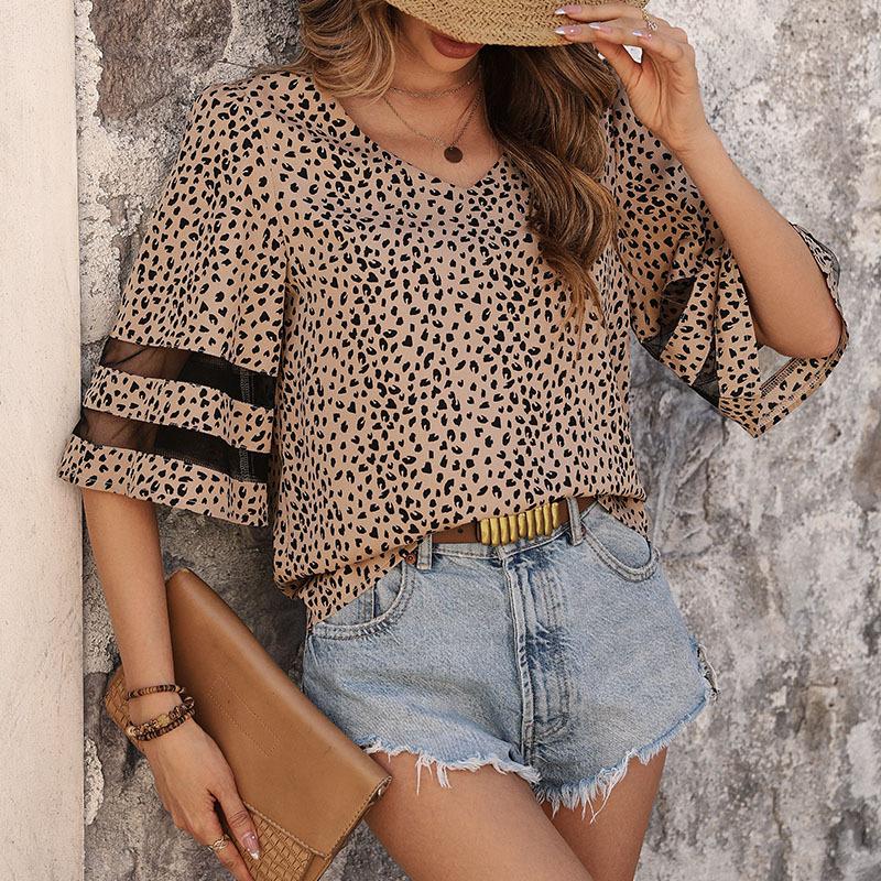Blusas y camisas con cuello en V y mangas 1/2 con estampado de leopardo informal para verano y primavera para mujer