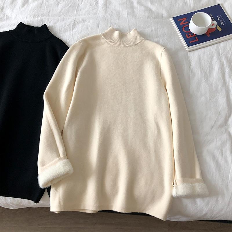 

Осень и зима новый флисовый свитер с полувысоким воротником, базовая рубашка, женский интегрированный флис утолщенный, теплый и стройнящий, вязаный внутри One size fits all [recommended 80-60kg] абрикосовый