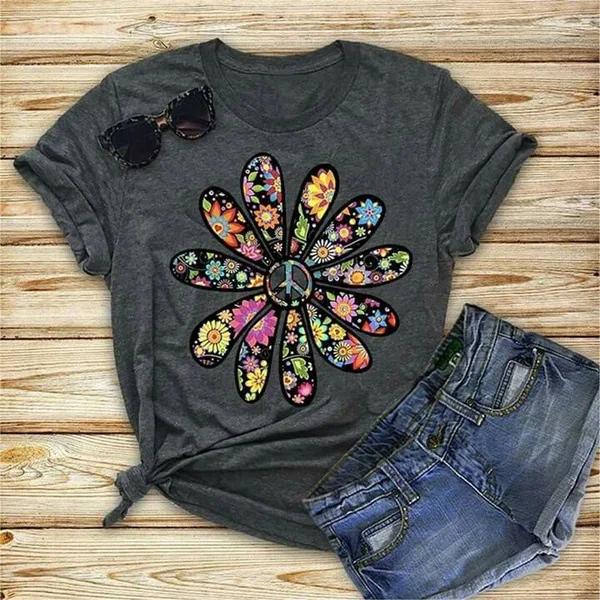 Colorful Daisy Petal Print T Shirt Women Short Sleeve O Neck Loose Tshirt Summer Women Tee Shirt Tops Camisetas Mujer