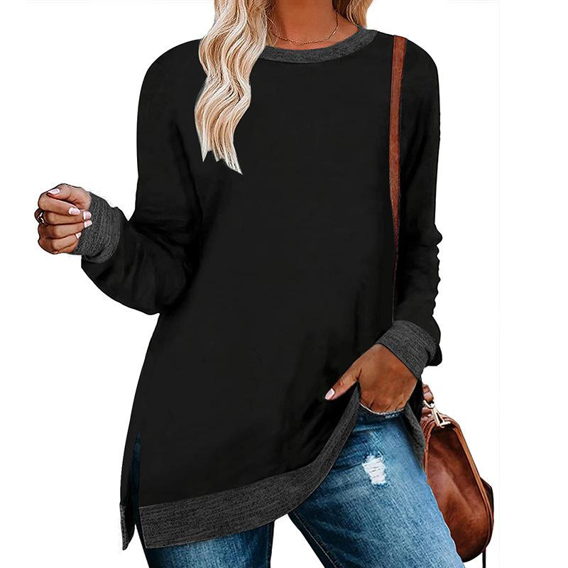 2026 New Long-Sleeve Round-Neck Color-Block Slit Top for Women, Loose Casual Pullover T-Shirt