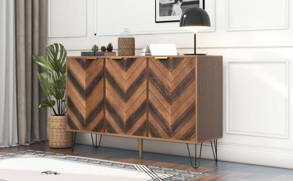 Exclusive sideboard with three doors, with stylish details and generous storage space. Door made of solid wood veneer, concave and convex texture.