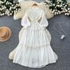 French Retro Lantern Sleeves Pleated Dress Women's Waist and Thin A-shaped Long Dress Lady Style Level Long Dress