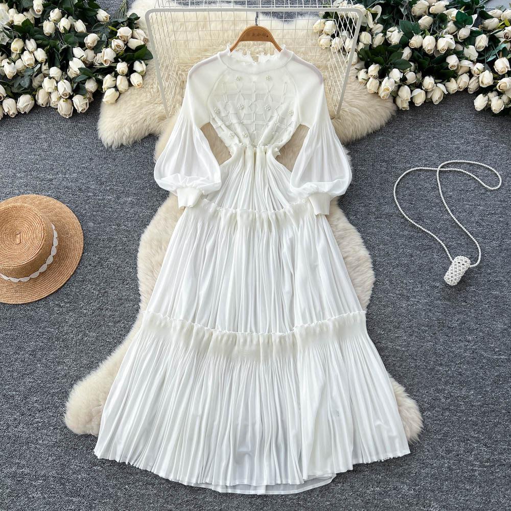 French Retro Lantern Sleeves Pleated Dress Women's Waist and Thin A-shaped Long Dress Lady Style Level Long Dress