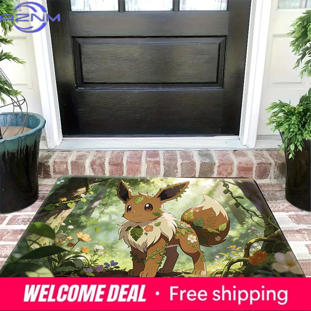 Cute Eevee Covered with Leaves and Flowers in Sunlit Forest Print Non-slip Doormat, Soft Absorbent Floor Rug for Home Decor
