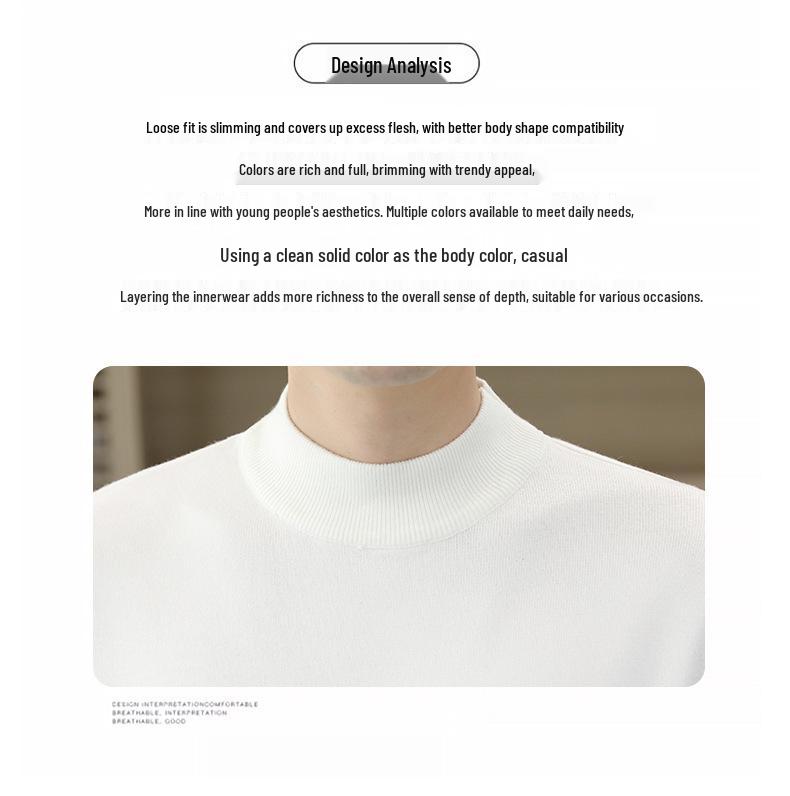 Men's Slim Fit Wool Sweater - Autumn & Winter Half-High Collar Knit Base Layer, Solid Color Trendy Design