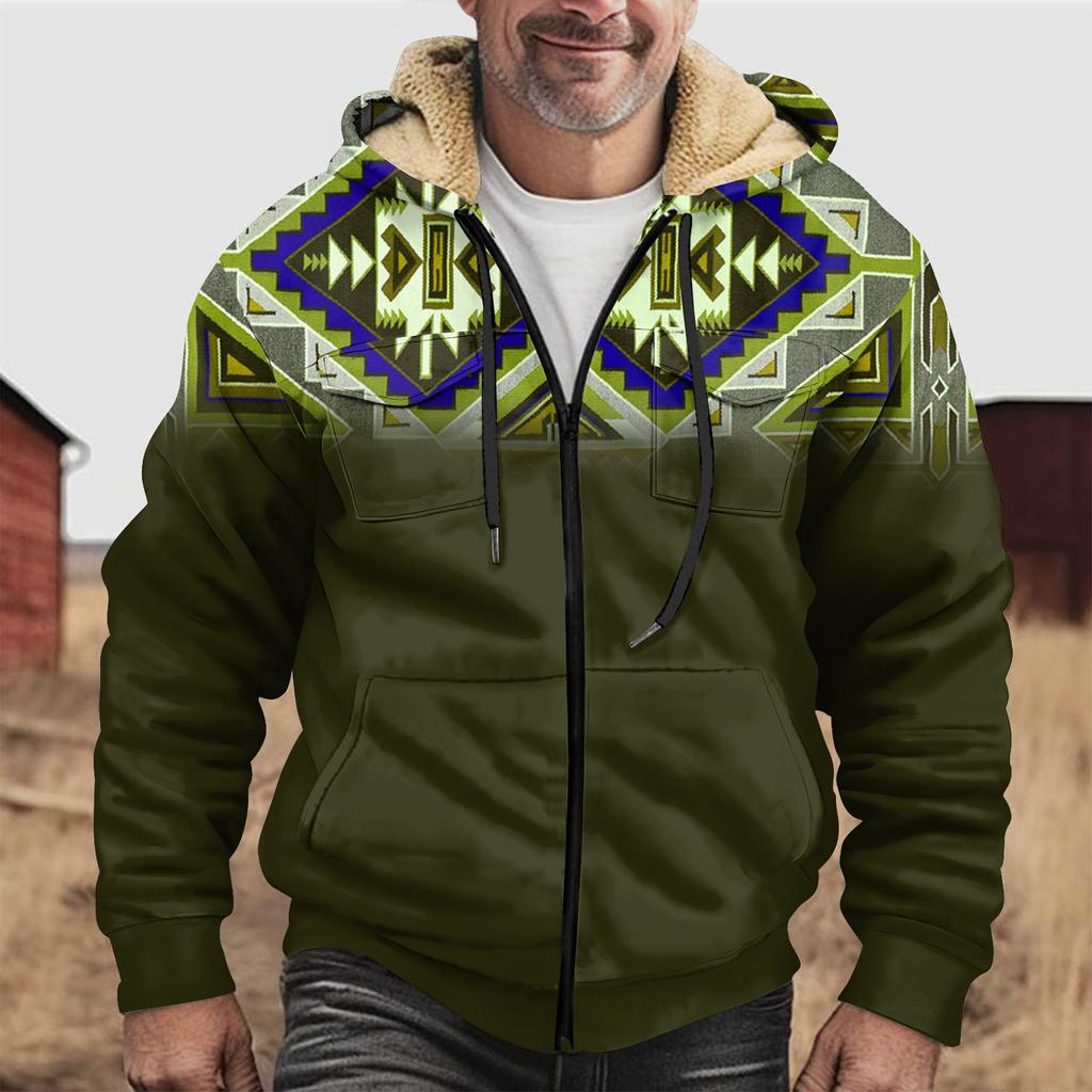 Vinter dragkedja för män med huva i fleecetröja med patchficka Casual jacka