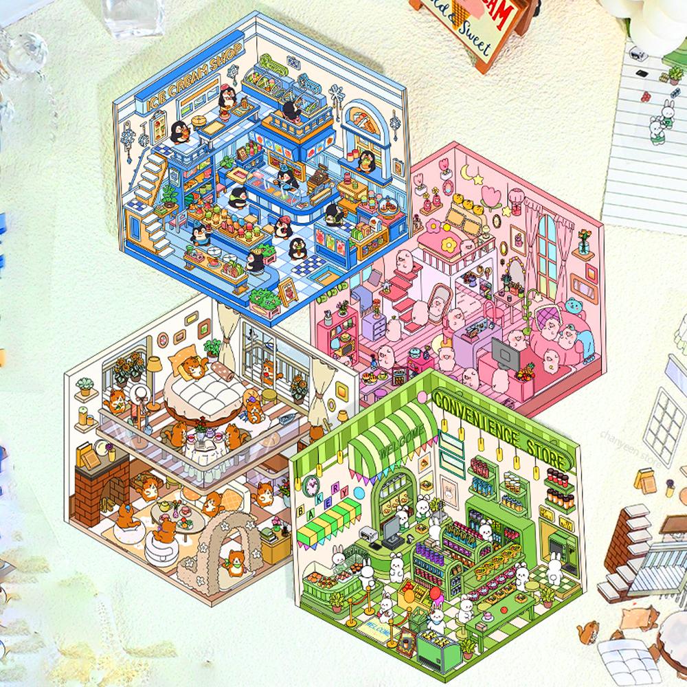 3D Landschaftsaufkleber Cartoon Miniatur-Szene Visuelles Stapeln Dreidimensionale Aufkleber Weihnachtsgeschenk für Kinder