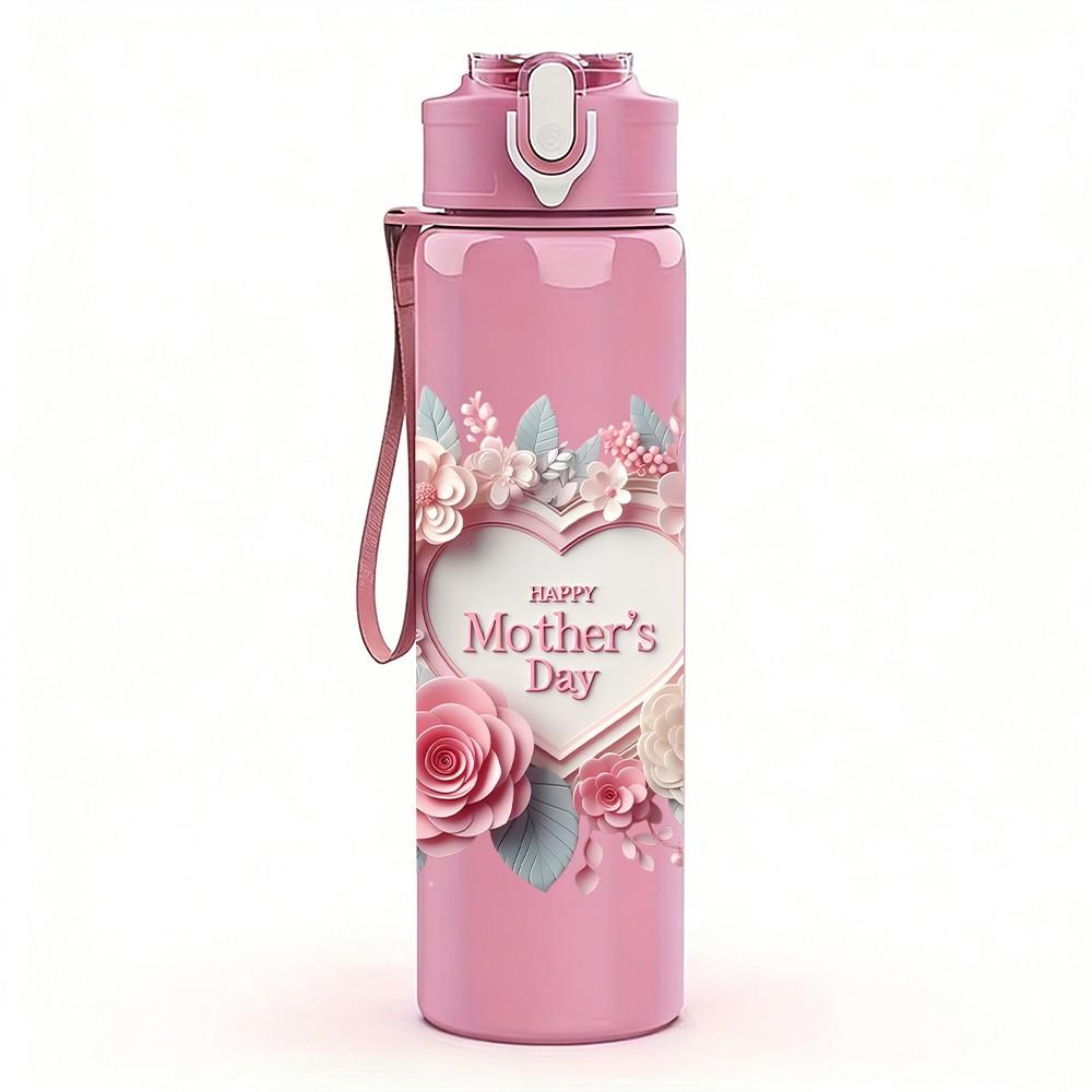 1PC Rose Flower Wreath Letter Print Pattern 750ml Color Plastic Sports Water Bottle Leakproof Flip Straw Lid Suitable for Sports Office Home Use