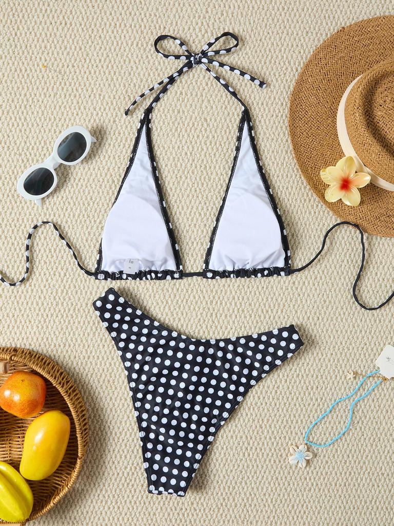 Retro Polka Dot Lace-up Halter Bikini - Quick-Dry European & American Style Swimsuit for Women