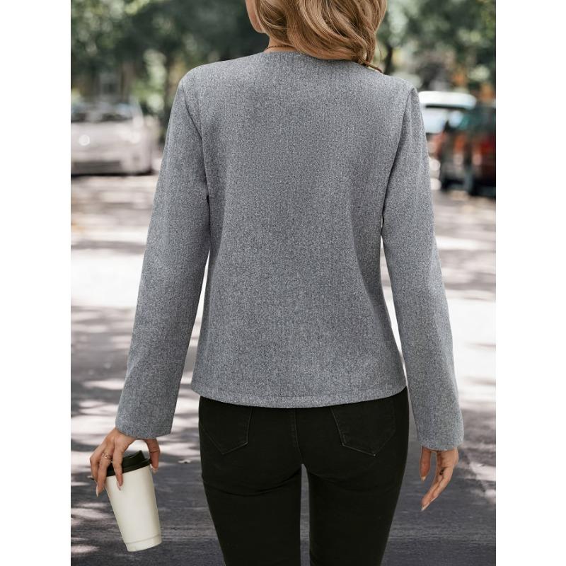 Women's Casual Black Jacket - Relaxed Fit Round Neck Solid Color Outerwear, Machine Washable & Dry Cleanable,