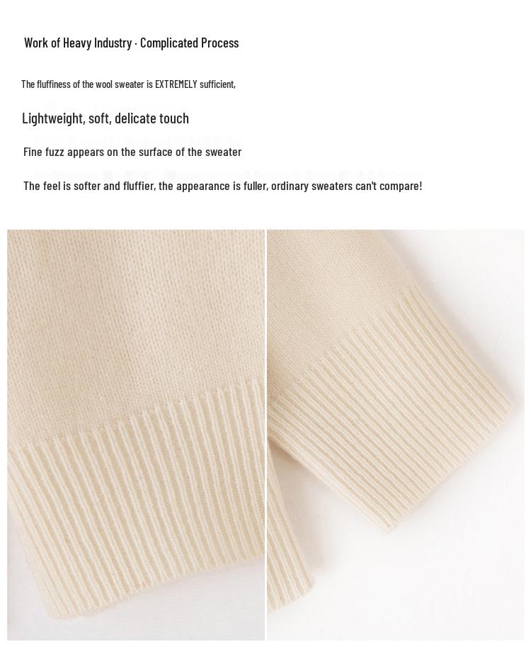 Women's Pure Wool Round Neck Knit Sweater with Handmade Embroidery - Autumn/Winter Loose Fit Cashmere Top
