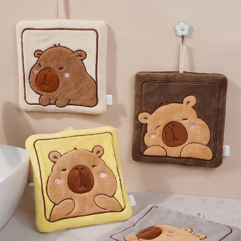 Kawaii Kapibara Hand Towel Thickened Coral Fleece Embroidered Towels Cute Hand Cloth Kitchen Children's Handkerchief Towel