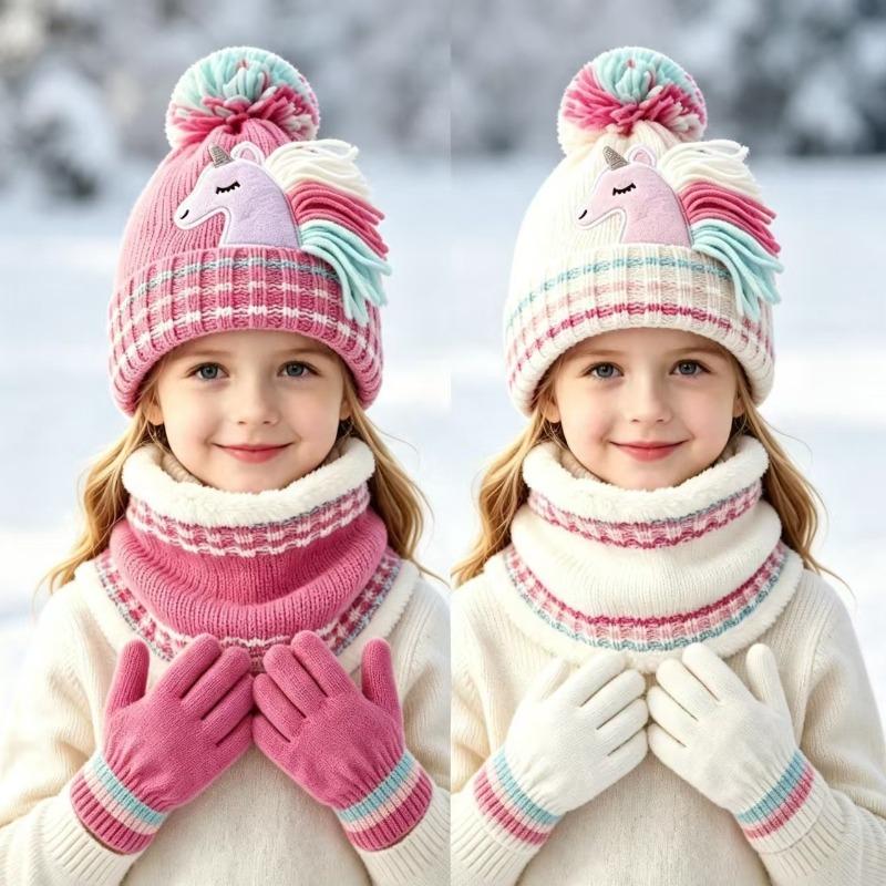 Three Piece Set of Children's Unicorn Hat, Scarf, Gloves, Winter Girl Cartoon Knitted Hat with Velvet Scarf