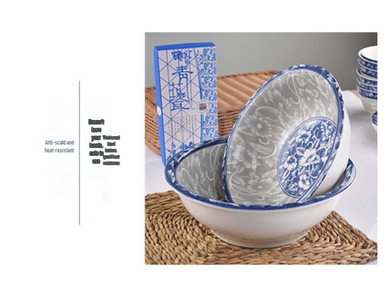 Set of 2 Large Blue & White Ceramic Bowls for Soup, Noodles, or Rice - Versatile Tableware