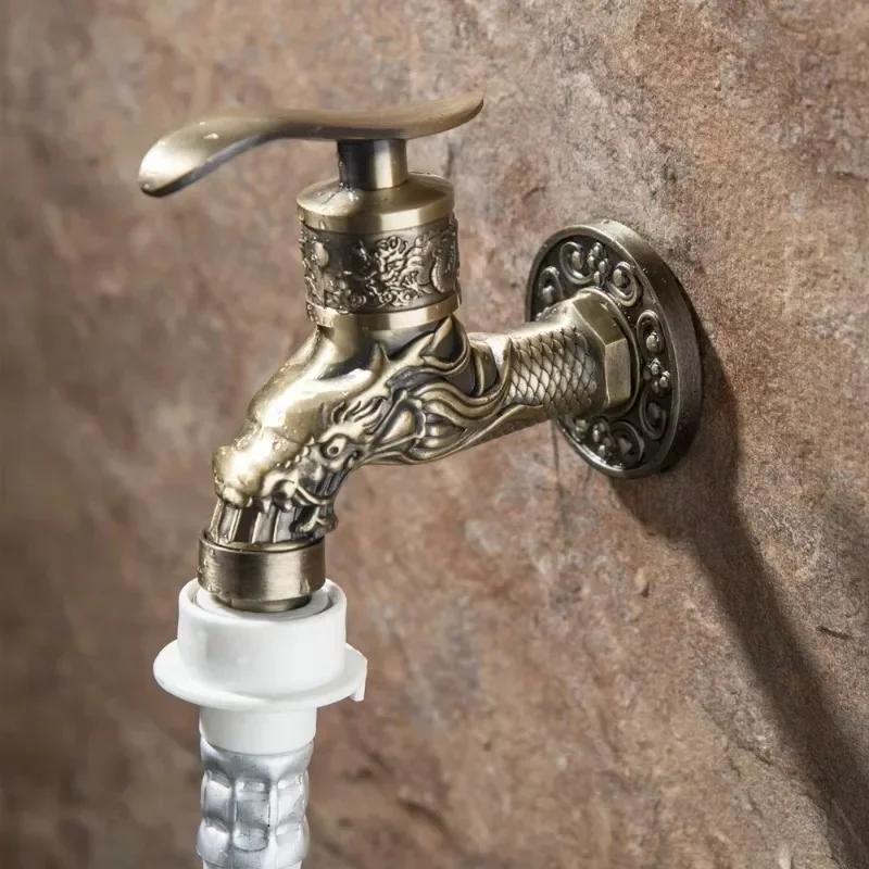 Antique Brass Basin Faucet Washing Machine Faucet Small Tap Carved Wall Mount Zinc Alloy Antique Bronze Outdoor Faucet Garden