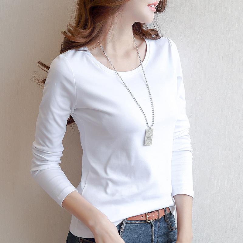 Women's White Long-Sleeve Slim Fit Solid T-Shirt - Autumn/Winter Korean Style