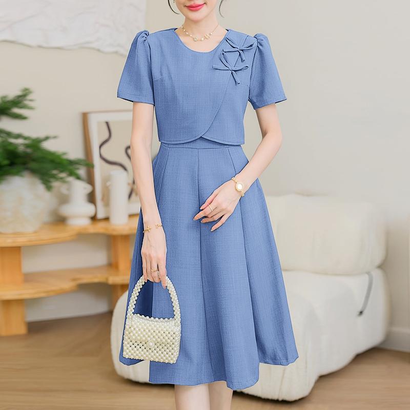 

ZANZEA Женское элегантное повседневное платье с круглым вырезом и коротким рукавом, комбинированное S синий