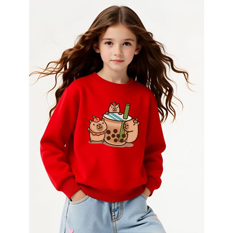 Kids Sweatshirt , Crew Neck Fashion Top, Fun "Cute Bear Bubble Tea" Patterned Sweatshirt, Suitable for Everyday Casual Wear