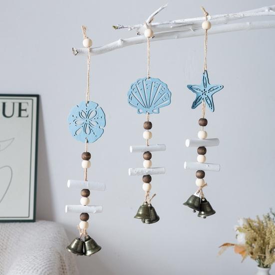 Beach Ocean Starfish Hanging Decoration with Bell Farmhouse Rustic Wooden Sailboat Shell Ornament Summer Nautical Coastal Wind Chime Pendant