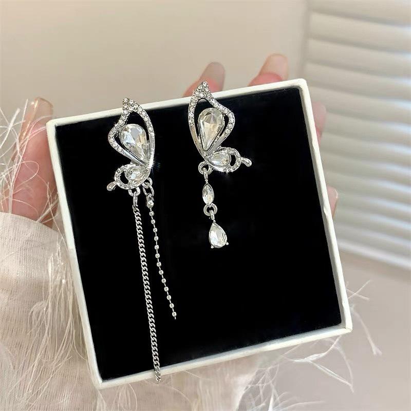 S925 Silver Tassel Butterfly Asymmetrical Earrings - Fresh  Elegant Design for Women