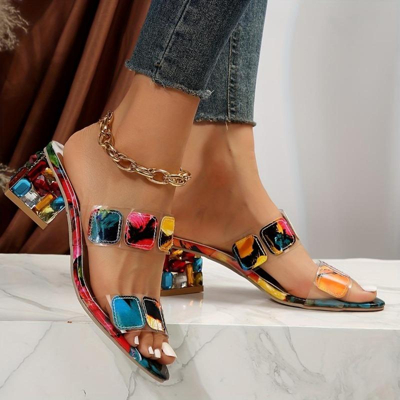Women's Colorful Chunky Heeled Sandals Rhinestone Decor Slip On Open Toe Mid Heels Stylish Daily Wear Sandals