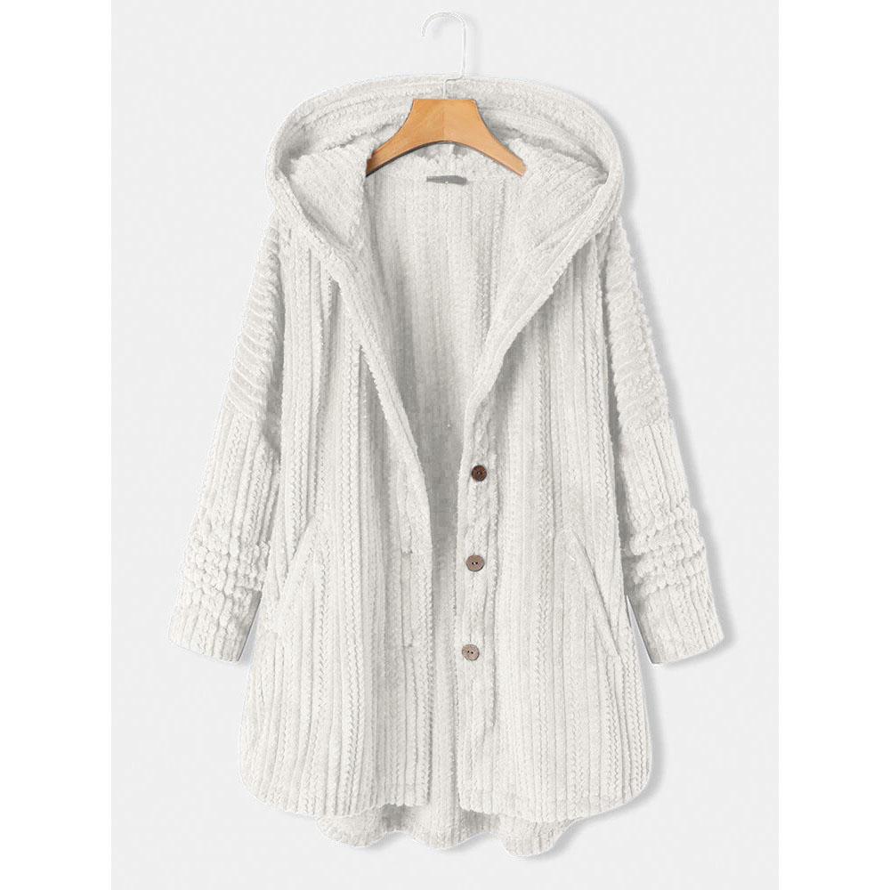 Damen Winter Kapuzen-Cardigan Fleece-Mäntel Langarm Einfarbig Teddybär-Jacke Einreihiger Oberbekleidungsmantel mit Tasche