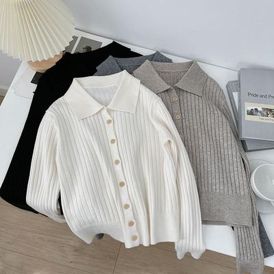 Autumn New Solid Color Lapel Cardigan Soft Waxy Comfortable Knitted Sweater Temperament Versatile Pit Strip Design Sense Sweater