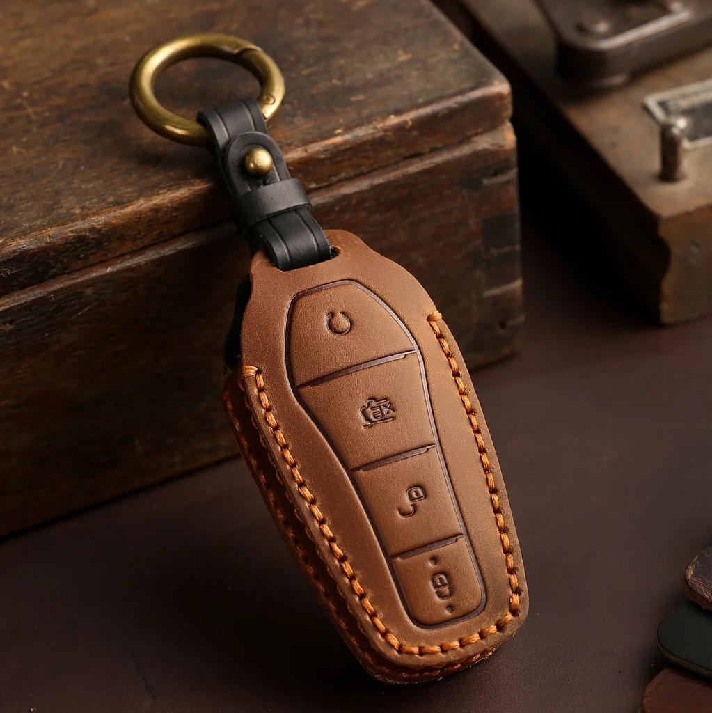Genuine Leather Auto Intelligent Key Fob Cover Case Fit For Byd Atto 3 Atto3 Dm Tang Song Dm-I Max Pro Qin Pro Yuan Ev Dolphin ,4 Bottons