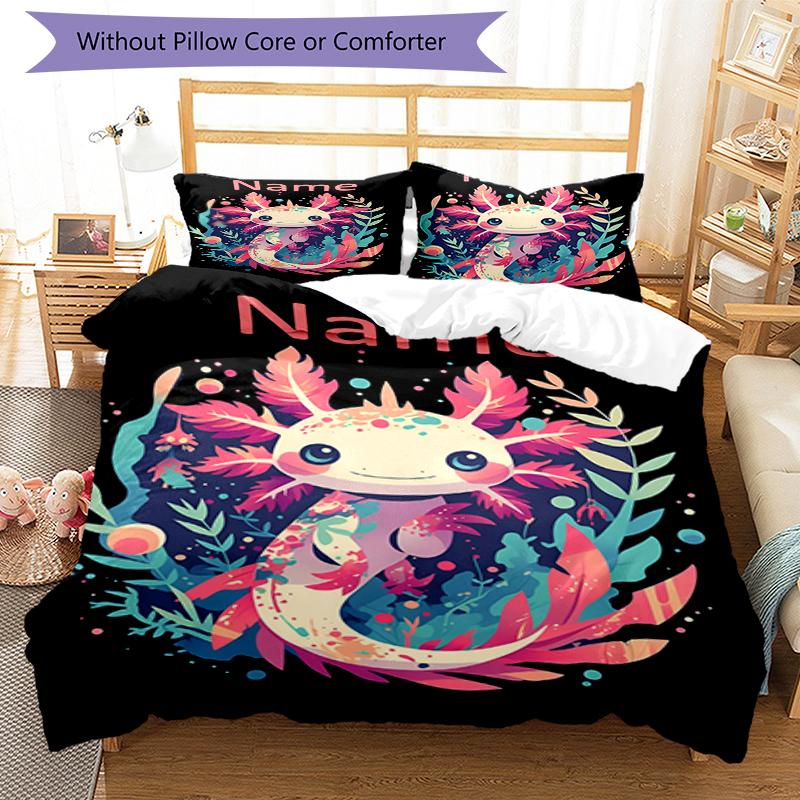 3pcs Custom Name Axolotl Bedding Set Duvet Cover Closure Includes 1 Duvet Cover & 2 Pillowcases, Soft and Comfortable for All Seasons.