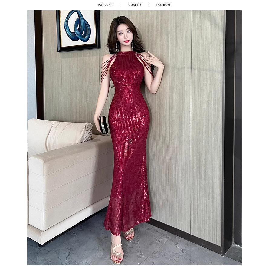 Toast dress burgundy new fishtail slim long bridal wedding engagement banquet evening dress femininity