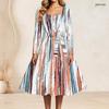 Women Plus Size Scalloped Square Neck Long Sleeve Printed Tie Waist A Line Dress