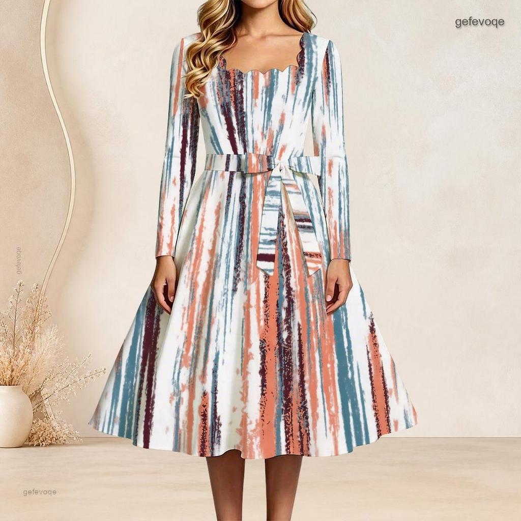 Women Plus Size Scalloped Square Neck Long Sleeve Printed Tie Waist A Line Dress