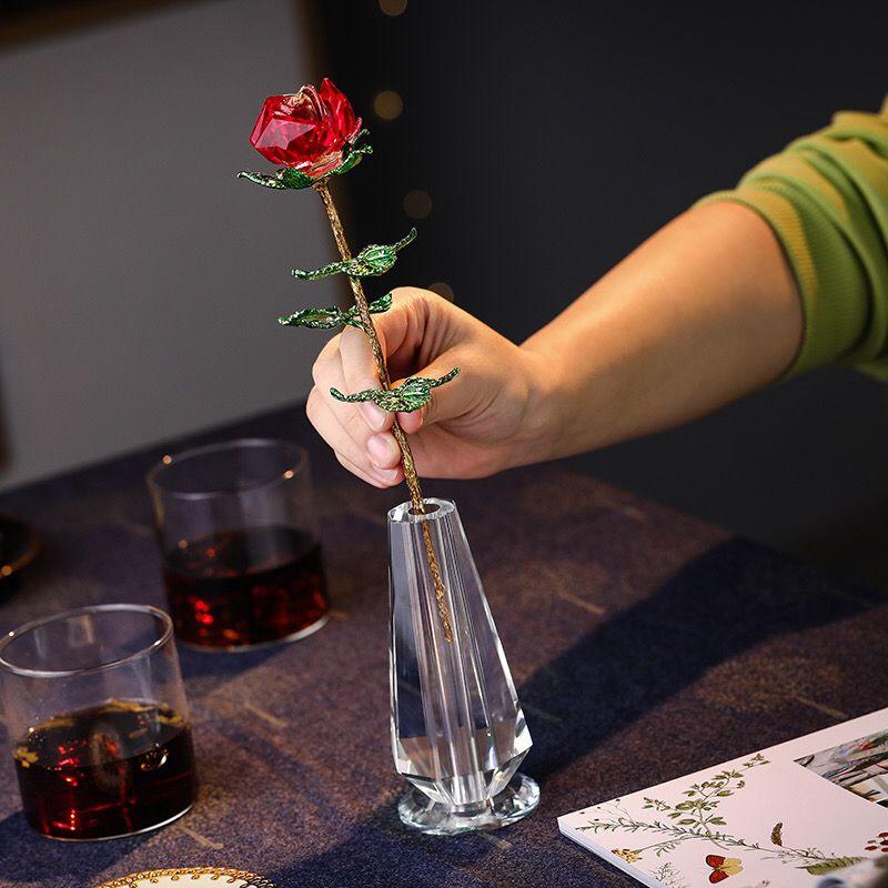 Crystal Rose Vase Figurine Golden Green Leaves Rose Ornament Home Decor Birthday Wedding Gift