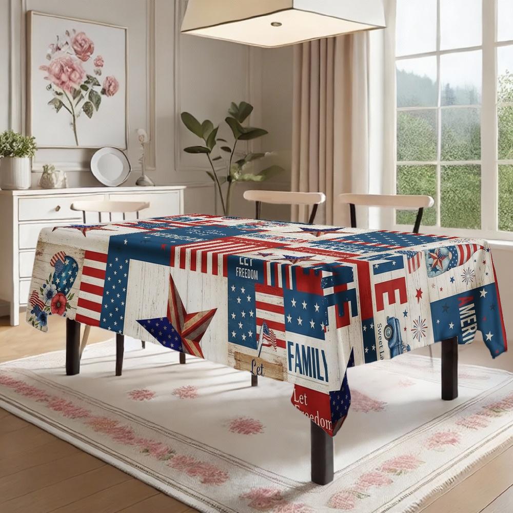 Independence Day Flower Wreath Waterproof Rectangular Tablecloth Red Blue Flower Star USA Flag Tables Cover for Dinner Kitchen