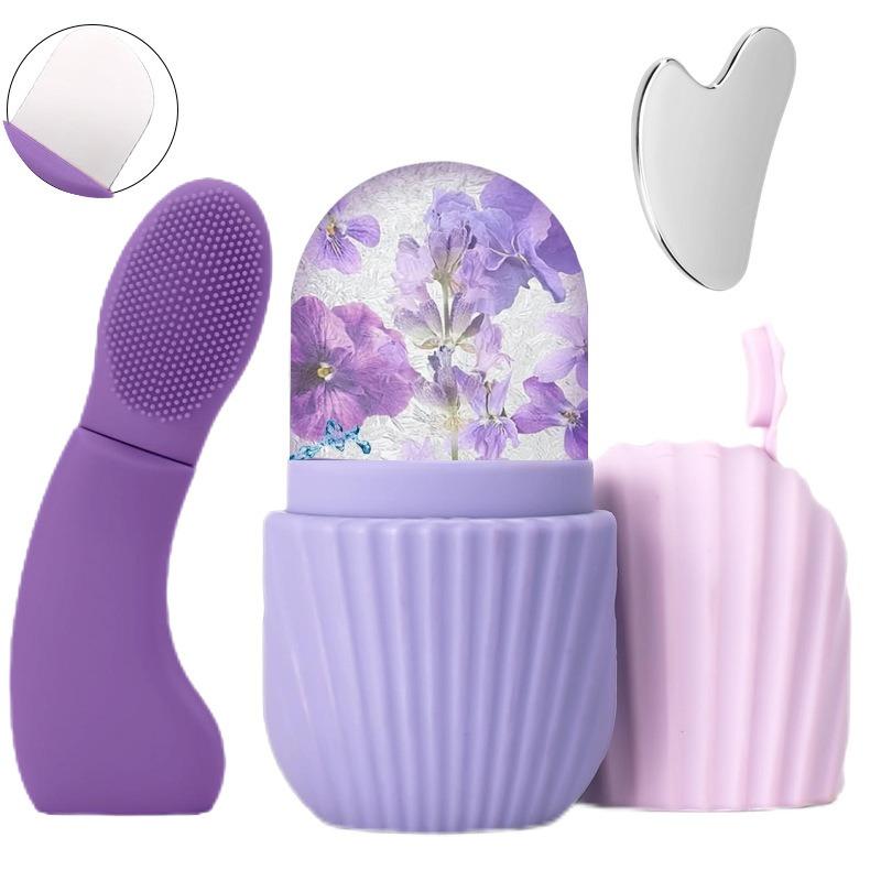 3-in-1 Facial Care Tool Kit, Ice Roller Mold, Silicone Cleansing Brush & Stainless Steel Gua Sha Set for Skin Depuffing & Cleansing