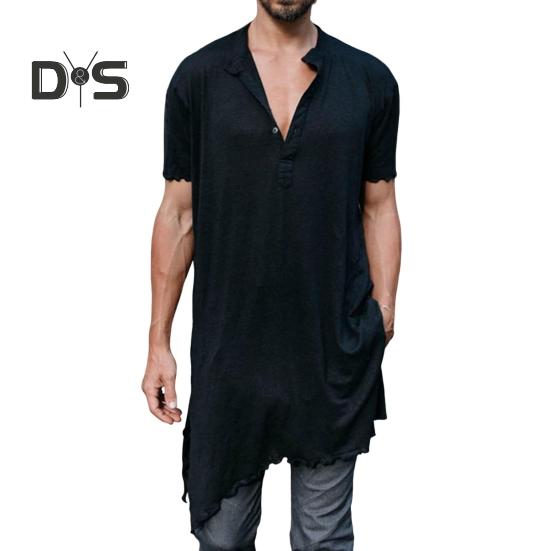 

Мужская летняя футболка с V-образным вырезом и короткими рукавами, неровными краями, средней длины, однотонная свободная уличная рубашка на пуговицах для повседневной носки в клубе XXXL чёрный