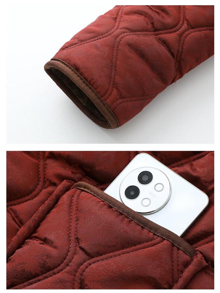 Stylish Floral Velvet-Enhanced Cotton Jacket for Middle-Aged Women - Short, Warm Autumn/Winter Wear for 50+.