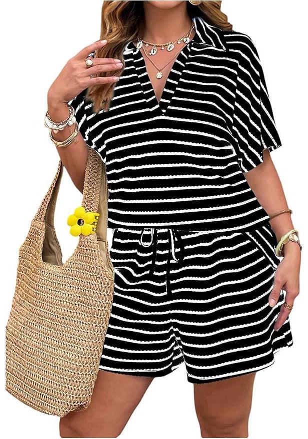 

2026 Plus Size Casual Women s Striped Loose Short Sleeve Button-Up Top & Shorts Set 4XL