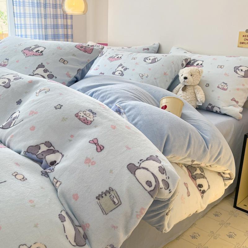 Thickened Milk Fleece Bed Four-Piece Set, Double-Sided Fleece Coral Fleece Quilt Cover, Bed Sheet Three-Piece Set