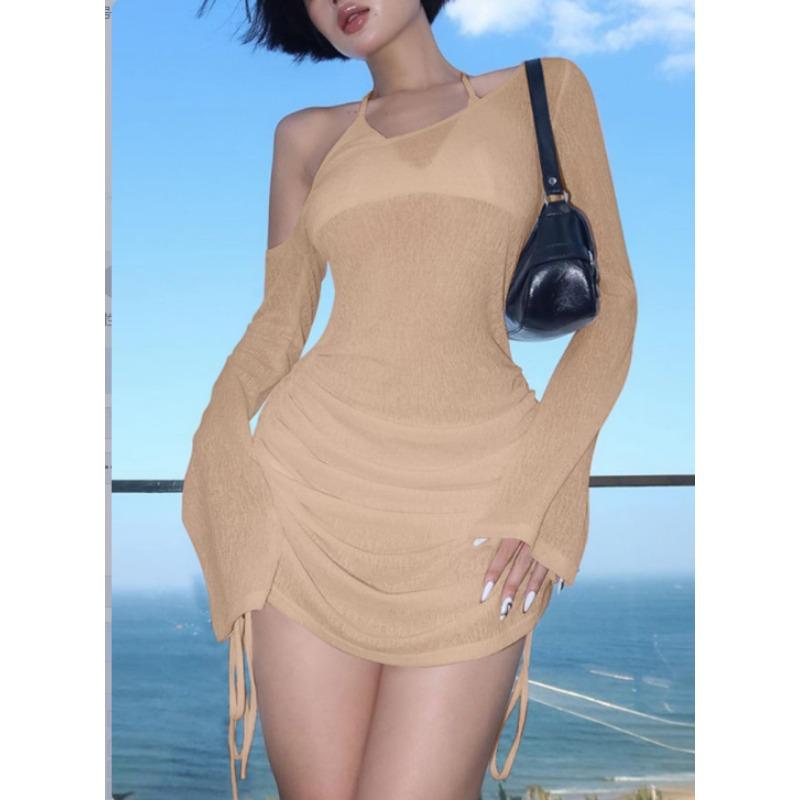 

Женские осенние платья Pure Desire Spicy Girl Style с косыми плечами и длинными рукавами, сексуальные перспективные плиссированные повседневные платья L хаки