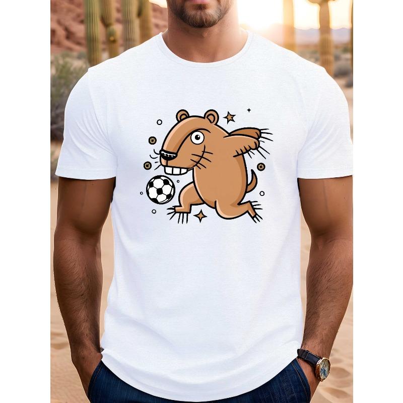 European Size Men s Capybara Football Pattern T-Shirt- Cute Capybara Football Print, Casual Short Sleeve Round Neck Summer T-Shirt, Lightweight S