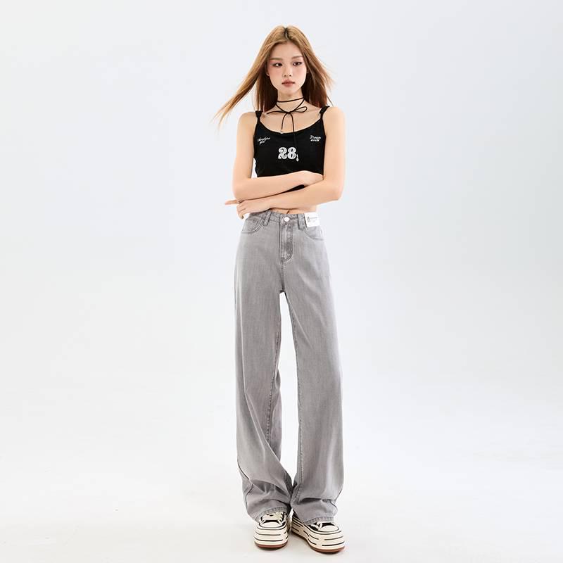 

High-Waisted Grey Lyocell Wide-Leg Jeans for Women - Summer Slimming Straight Loose Fit, Floor-Length 2XL