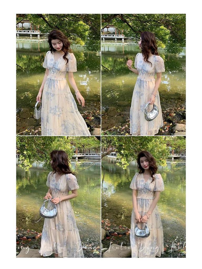 Elegant French Floral Print Summer Dress - V-neck Puff Sleeve High Waist, Sweet or Cool Style