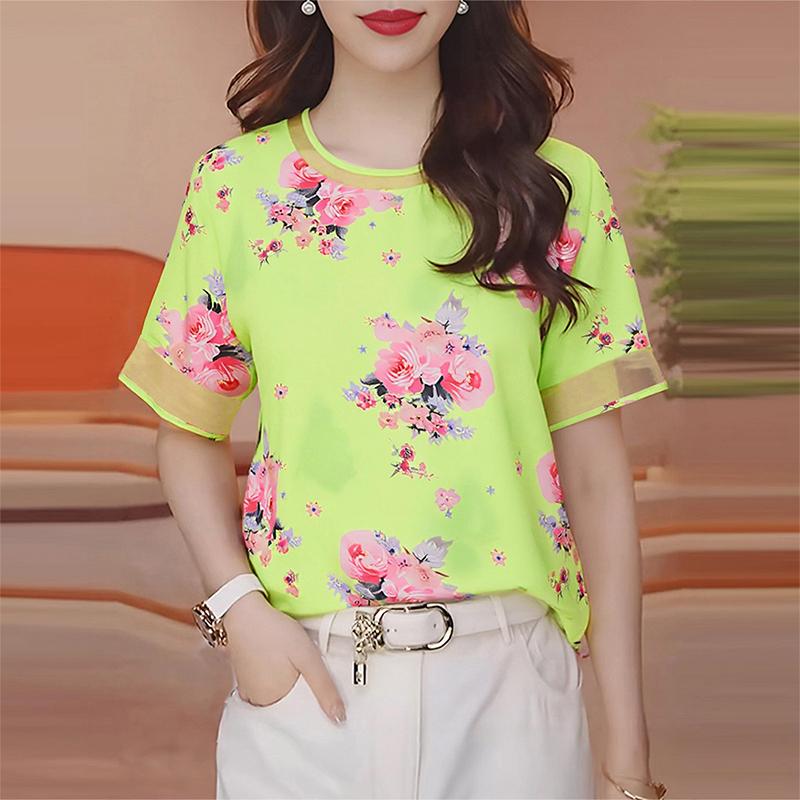 

ZANZEA Женская повседневная блузка с круглым вырезом, цветочным принтом и коротким рукавом XL зелёный