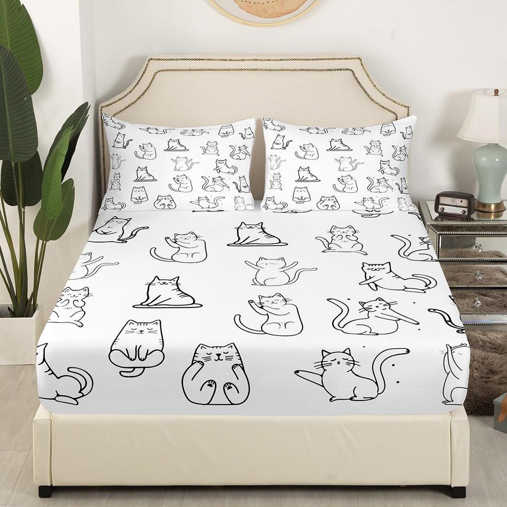 Cartoon Animal Kitten Pattern Bed Hat Four-Piece Bedding Set Bedroom Dormitory Bedding Decoration